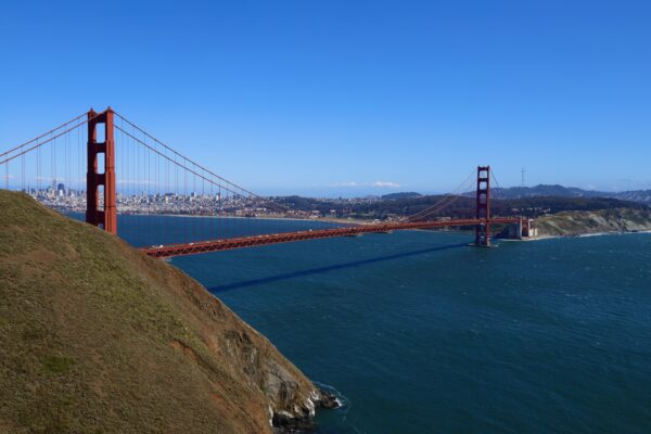 A view of the golden gate bridge from above.